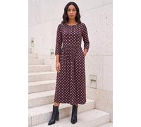 Roman Originals Midi Dress with Pockets for Women UK Ladies Stretchy Jersey Maxi Long 3/4 Length Sleeve Gathered High Waist Boho Flattering Skater Swing Fit Flare - Polka Dot Pink - Size 16