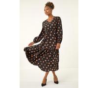 Roman Originals Polka Dot Midi Dress for Women UK - Ladies Everyday Autumn Winter V-Neckline Comfy Soft Evening Vacation Work Party Night Out - Black - Size 18
