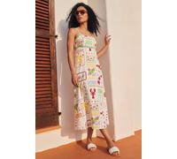 Roman Women's Postcard Print Strappy Ric Rac Midi Dress in Ivory | Size: 10