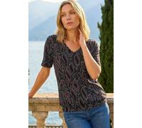 Roman Blouson Top for Women Ladies Bubble Hem Stretchy Jersey Puff Sleeve Summer Smart Casual Office Work Spring Everyday Evening Vacation Work Holiday V Neck - Noir Multi - Size 12