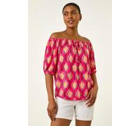 Roman Women's Printed Bardot Tie Front Stretch Top in Pink | Size: 18 Roman Pink 18