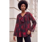 Roman Originals Printed Frill Front Blouse for Women UK - Ladies Everyday Autumn Winter V-Neckline Comfy Soft Evening Vacation Work Party Night Out