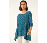 Roman Originals Hanky Hem Tunic Top for Women UK - Ladies Longline Blouse Asymmetric Hemline Casual Slouch Loose 3/4 Sleeves Round Neck Relaxed Comfortable Holiday - Abstract Cyan - Size 14