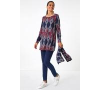 Roman Originals Printed Longline Tunic for Women UK - Ladies Everyday Autumn Winter Round Neckline Comfy Soft Evening Vacation Work Party Night Out - Midnight Blue - Size 18