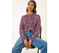 Roman Originals Printed Shirred Tie Neck Top for Women UK - Ladies Everyday Autumn Winter Round Neckline Comfy Soft Evening Vacation Work Party Night Out - Pink - Size 12