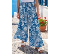 Roman Women's Printed Shirred Wide Leg Trouser in Blue | Size: Medium Roman Blue M