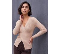 Roman Originals Cable Split Detail Rib Jumper for Women UK - Ladies Everyday Autumn Winter V-Neckline Comfy Soft Evening Vacation Work Party Night Out - Stone - Size 12