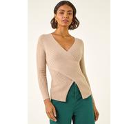 Roman Originals Cable Split Detail Rib Jumper for Women UK - Ladies Everyday Autumn Winter V-Neckline Comfy Soft Evening Vacation Work Party Night Out - Stone - Size 14