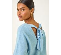 Roman Originals Ribbon Bow Tie Back Jumper for Women UK - Ladies Everyday Autumn Winter Round Neckline Comfy Soft Evening Vacation Work Party Night Out - Blue - Size 16