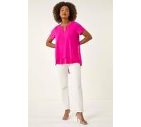 Roman Originals Ring Front Chiffon Overlay Tunic Top for Women UK - Ladies Everyday Autumn Winter Round Neckline Comfy Soft Evening Vacation Work Party Night Out - Cerise - Size 12