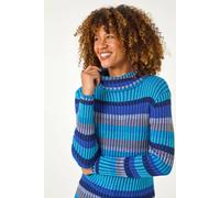 Roman Originals Roll Neck Stripe Print Ribbed Knit Jumper for Women UK - Ladies Everyday Autumn Winter Comfy Soft Evening Vacation Work Party Night Out