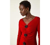 Roman Originals Rose Front Knit Top for Women UK - Ladies Everyday Autumn Winter V-Neckline Comfy Soft Evening Vacation Work Party Night Out - Red - Size 14