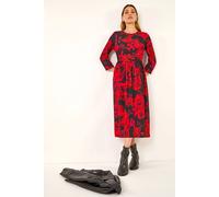 Roman Women's Rose Print Gathered Stretch Midi Dress | Size: 12 Roman Multicolor 12