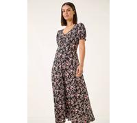 Roman Floral Print Dress for Women UK Ladies Sweetheart Neck Ruched Midi Maxi Long Length Short Sleeve Flattering Casual Summer Spring Party Evening Going Out - Rose Black - Size 16
