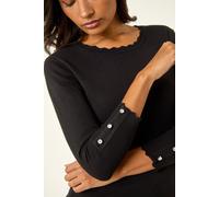 Roman Diamante Button Scallop Edge Jumper for Women UK - Ladies Autumn Everyday Winter Holiday Round Neckline Comfy Long Sleeve Soft Slim Fit Knitted Sweater Warm Tops - Black - Size 12