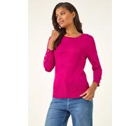 Roman Diamante Button Scallop Edge Jumper for Women UK - Ladies Autumn Everyday Winter Holiday Round Neckline Comfy Long Sleeve Soft Slim Fit Knitted Sweater Warm Tops - Fuchsia - Size 20