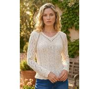 Roman Originals Scallop V-Neck Knit Jumper for Women UK - Ladies Everyday Holiday Spring Summer V-Neckline Comfy Soft Evening Vacation Work Party - Ivory - Size 12