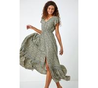 Roman Women's Scribble Print Button Through Maxi Dress in Khaki | Size: 10 Roman Khaki 10