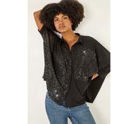 Roman Originals Sequin Buttoned Blouse for Women UK - Ladies Everyday Autumn Winter Shirt Style Collar Comfy Soft Evening Vacation Work Party Night Out - Black - Size 12