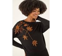 Roman Originals Women Diamante Embellished Jumper Ladies Sparkly Sequin Sweater Batwing Autumn Winter Sparkle Knit Knitwear Glittery Shiny Casual Evening Going Out Party - Noir Gold - Size 12