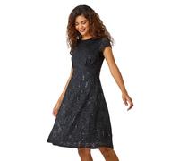 Roman Originals Sequin Fluted Hem Lace Stretch Dress for Women UK - Ladies Everyday Autumn Winter Round Neckline Comfy Soft Evening Vacation Work Party Night Out - Black - Size 10