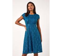 Roman Women's Sequin Fluted Hem Lace Stretch Dress in Teal | Size: 20