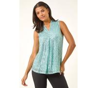 Roman Sequin Front Pleat Vest for Women UK - Ladies Autumn Everyday Winter Holiday V-Neckline Comfy Sleeveless Soft Sparkle Shirt Dinner Date Tops - Aqua - Size 12