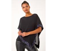 Roman Sequin Hem Overlay Stretch Top for Women UK - Ladies Autumn Everyday Winter Holiday Round Neckline Comfy Short Sleeve Soft Chiffon Cape Tunic Dinner Date Blouses - Purple - Size 12