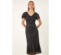 Roman Women's Sequin Lace Ruffle Midi Dress in Black | Size: 10 Roman Black 10