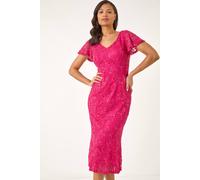 Roman Women's Sequin Lace Ruffle Midi Dress in Fuchsia | Size: 10