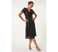 Roman Women's Sequin Lace Twist Front Midi Dress in Black | Size: 10