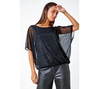 Roman Women's Sequin Mesh Overlay Bubble Hem Top in Black | Size: 10 Roman Black 10