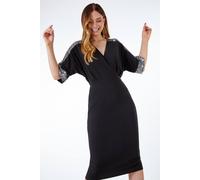 Roman Women's Sequin Sleeve Wrap Midi Dress in Black | Size: 10