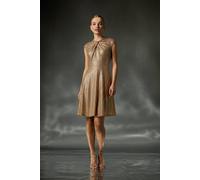 Roman Sequin Twist Front Stretch Dress for Women UK - Ladies Autumn Everyday Winter Holiday Round Neckline Comfy Sleeveless Soft Fit & Flare Frock Dinner Out Gowns - Gold - Size 20
