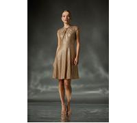 Roman Sequin Twist Front Stretch Dress for Women UK - Ladies Autumn Everyday Winter Holiday Round Neckline Comfy Sleeveless Soft Fit & Flare Frock Dinner Out Gowns - Gold - Size 20