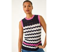 Roman Petite Stripe Knitted Vest for Women UK - Ladies Everyday Holiday Spring Summer Round Neckline Comfy Soft Evening Vacation Work Party - Navy Wave - Size 14