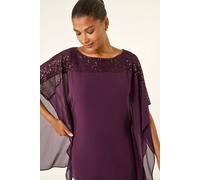 Roman Originals Sequin Chiffon Top for Women Ladies Embellished Blouse Sparkly Glitter Overlay Shiny Special Occasion Winter New Year NYE Party Christmas Night Out - Plum - Size 12
