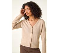 Roman Originals Shimmer V-Neck Ribbed Cardigan for Women UK - Ladies Everyday Autumn Winter V-Neckline Comfy Soft Evening Vacation Work Party Night Out - Natural - Size L Beige