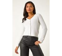 Roman Originals Shimmer V-Neck Ribbed Cardigan for Women UK - Ladies Everyday Autumn Winter V-Neckline Comfy Soft Evening Vacation Work Party Night Out - White - Size L