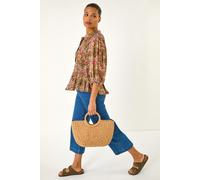 Roman Women's Shirred Printed Front Button Blouse in Brown | Size: 18 Roman Brown 18