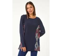 Roman Originals Side Printed Stretch Tunic Top for Women UK - Ladies Everyday Autumn Winter Round Neckline Comfy Soft Evening Vacation Work Party Night Out - Midnight Blue - Size 18