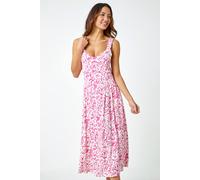 Roman Fit & Flare Dress for Women UK - Ladies Patchwork Geometric Tropical Floral Print Skater Stretch Jersey Swing Strappy Flattering Casual Summer Sleeveless - Fuschia - Size 20