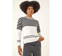Roman Originals Thick Jumper for Women UK - Ladies Winter Autumn Smart Casual Knit Knitted Knitwear Pull-On Round Crew Neck Long Sleeve Work Office Dinner Party - Ivory Noir - Size 10