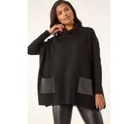 Roman Sparkle Pocket Poncho Jumper for Women UK - Ladies Autumn Everyday Winter Holiday Roll Neckline Comfy Long Sleeve Soft Hotfix Detail Knit Top Relaxed Fit Sweaters - Black - Size SM