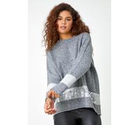 Roman Originals Sequin Colour Block Funnel Neck Jumper for Women UK - Ladies Everyday Autumn Winter Round Neckline Comfy Soft Evening Vacation Work Party Night Out - Grey - Size S