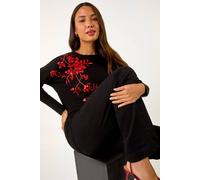 Roman Originals Women Diamante Embellished Jumper Ladies Sparkly Sequin Sweater Batwing Autumn Winter Knit Knitwear Glittery Shiny Casual Evening Going Out Party - Noir Red - Size 20