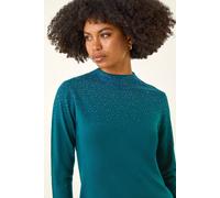 Roman Originals Diamante Sequin Jumper for Women UK Ladies Sparkly Glitter Sweater Embellished Smart Casual Autumn Winter High Neck Knitwear Knitted Pullover - Dark Green - Size 10