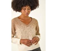 Roman Sparkly Jumper for Women UK - Ladies Sweater Smart Casual Lightweight V Neck Knitwear Knitted Knit Top Winter Office Work Shiny Glitter Party Going Out Sequin - Sparkly Ombre Beige - Size 14