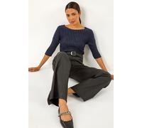 Roman Shimmer Ribbed Batwing Knit Jumper for Women UK - Ladies Autumn Everyday Winter Holiday Slash Neckline Comfy 3/4 Sleeve Soft Metallic Fabric Top Office Desk Sweaters - Midnight Blue - Size 16