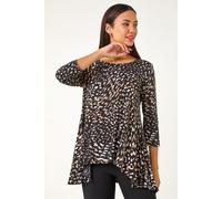 Roman Originals Hanky Hem Tunic Top for Women UK - Ladies Longline Blouse Asymmetric Hemline Casual Slouch Loose 3/4 Sleeves Round Neck Relaxed Comfortable Holiday - Tan Black - Size 16